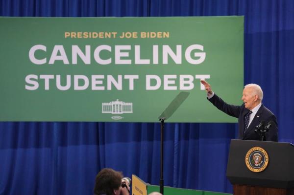 President Joe Biden speaks on April 8, 2024 at Madison Area Technical College in Madison, Wisco<em></em>nsin to announce a new student loan forgiveness program. 