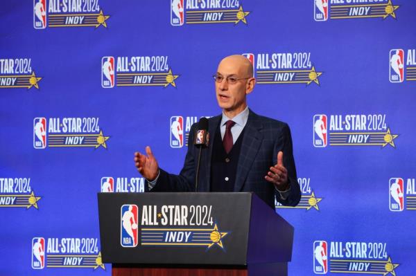 NBA Commissio<em></em>ner Adam Silver speaks to the media at Lucas Oil Stadium on February 17, 2024 in Indianapolis, Indiana.