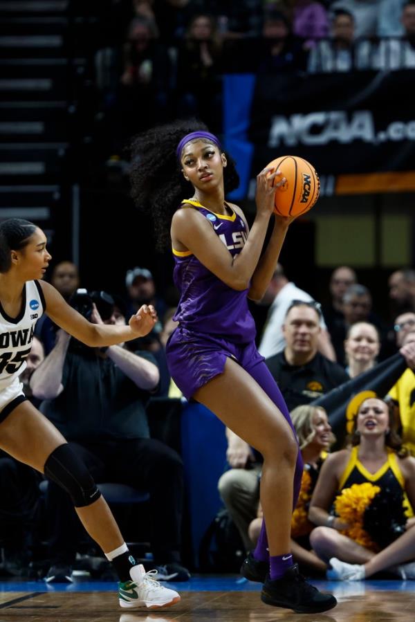 LSU forward Angel Reese during their Elite Eight matchup against Iowa at MVP Arena in Albany NY on Apr 1, 2024. 