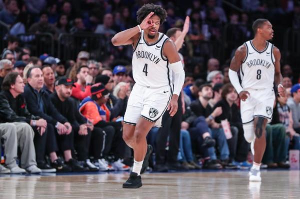 Brooklyn Nets guard Dennis Smith Jr. (4) gestures after making a three point shot in the fourth quarter against the New York Knicks at Madison Square Garden. 