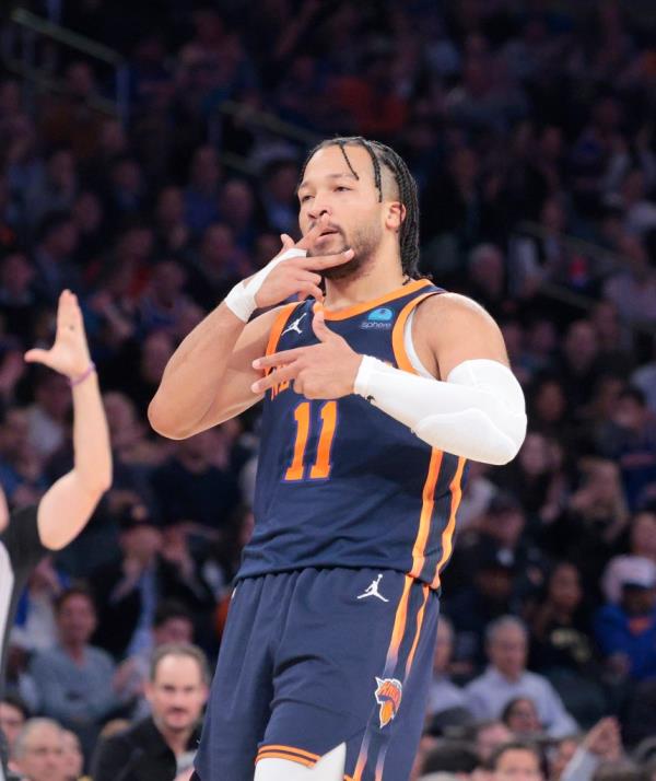 Jalen Bruson reacts after hitting a three-point shot vs. the Sixers on March 12, 2024.