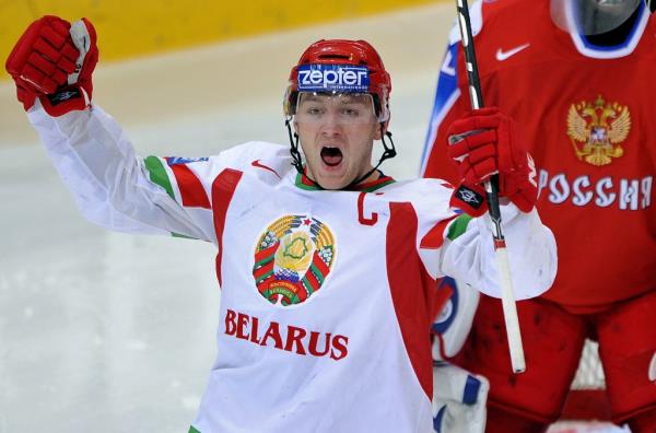 Ko<em></em>nstantin Koltsov is seen celebrating a goal at the 2009 IIHF Ice Hockey World Championship.