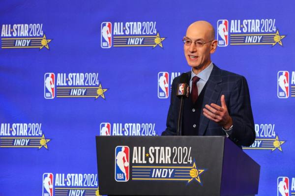 NBA Commissio<em></em>ner Adam Silver speaks to the media at Lucas Oil Stadium on February 17, 2024 in Indianapolis, Indiana.