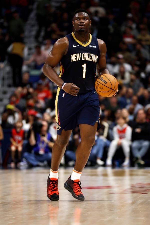 Zion Williamson of the New Orleans Pelicans drives the ball up the court against the Cleveland Cavaliers at Smoothie King Center on March 13, 2024.