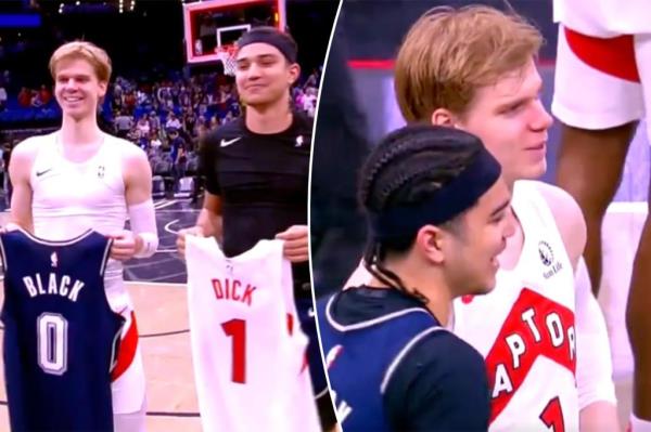 Raptors guard Gradey Dick and Magic guard Anthony Black swapped jerseys Toronto's victory over Orlando at Kia Center on March 17, 2024. 