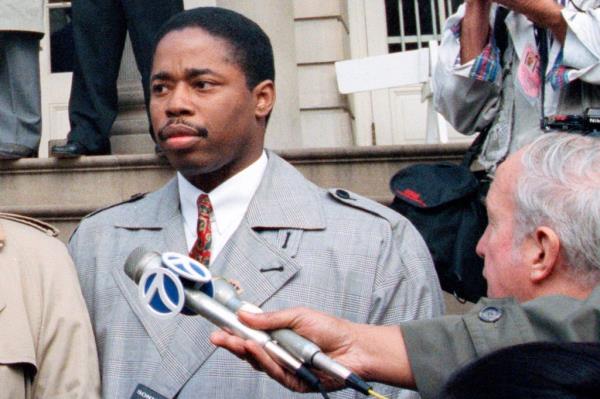 Al Sharpton, Dr. Elgin Watkins and Eric Adams speaking in front of micropho<em></em>nes at a news co<em></em>nference at City Hall in New York in 1993.