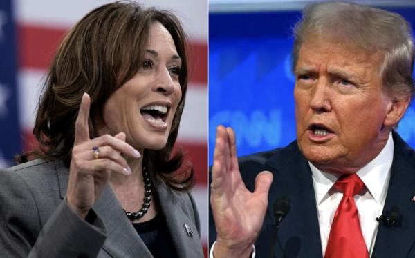 This combination of file pictures created on August 3, 2024 shows US Vice President and 2024 Democratic presidential candidate Kamala Harris speaking on March 26, 2024, in Raleigh, North Carolina; and former US President and Republican presidential candidate Do<em></em>nald Trump speaking in the first presidential debate with US President Joe Biden in Atlanta, Georgia, on June 27, 2024.