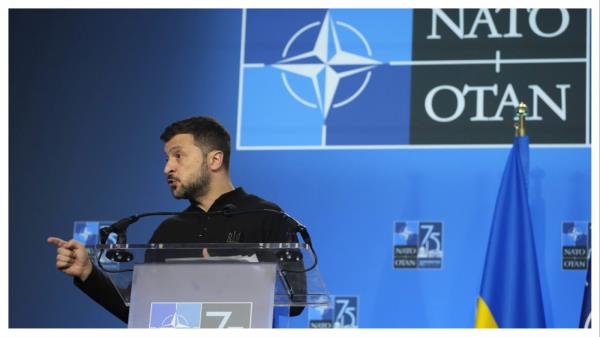 Ukraine's President Volodymyr Zelenskyy speaks during a press co<em></em>nference at the NATO summit in Washington, Thursday, July 11, 2024. (AP Photo/Mark Schiefelbein)